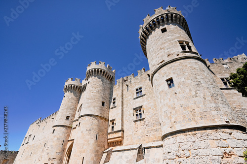 Medieval stone castle towers against blue sky - Grand Master's Palace, Rhodos, Greece