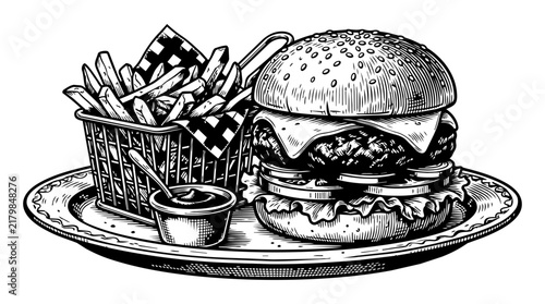 Cheeseburger and Fries Hand-Drawn Illustration