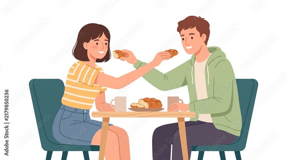 Obraz premium Couple sharing breakfast: A young couple sits at a table, sharing pastries and coffee during breakfast, conveying a sense of warmth and intimacy.