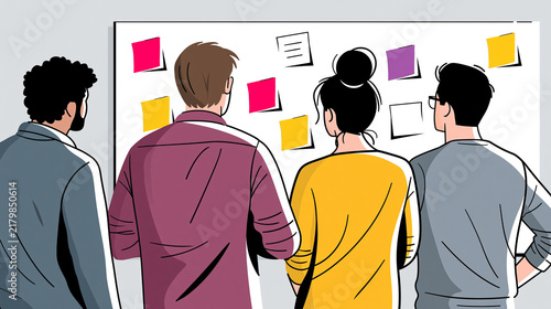 Diverse faceless creative team brainstorming with sticky notes on a whiteboard, agile project planning, user journey mapping, startup office collaboration, with copy space