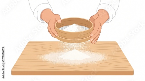 Sifting Flour: A baker's hands expertly sift fine white flour through a sieve onto a rustic wooden board, preparing ingredients for a delicious culinary creation.
