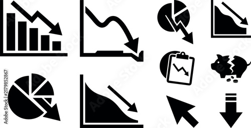 Canvas Print Set of financial crisis and economic decline icons with downward arrows