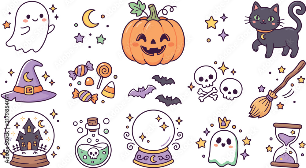 Fototapeta premium Cute Halloween Spooky Doodle Icons Collection with Ghosts Pumpkins Witches
