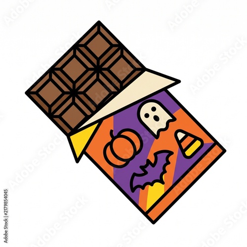 A festive Halloween chocolate bar vector illustration featuring a ghost, pumpkin, bat, and candy corn wrapper design.