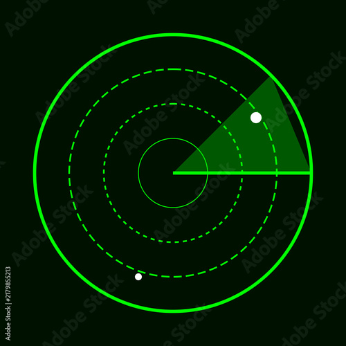 Bild auf Leinwand Digital circular green radar screen scanning for targets with white blips on bla