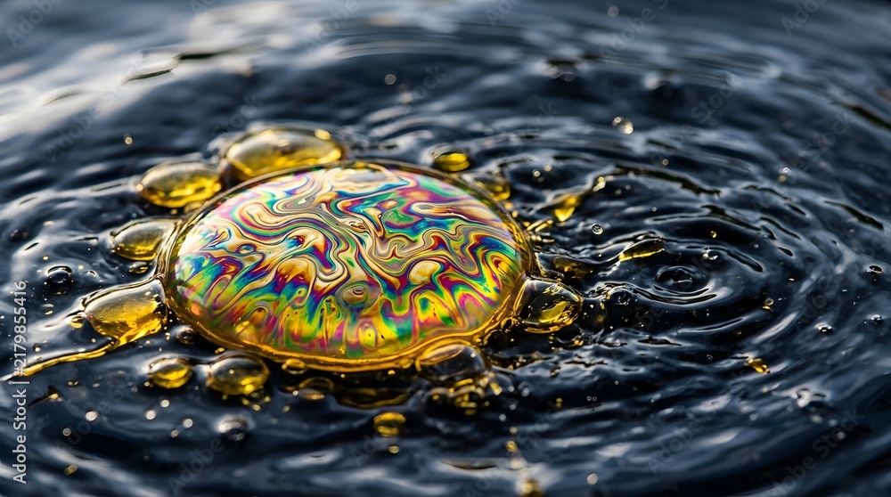 Obraz premium Iridescent soap bubble floating gracefully on deep dark rippling water surface showing vibrant colorful swirling patterns in soft natural lighting