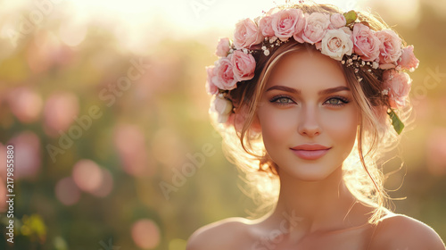Woman with rose crown smiles in a flower field during sunset hours