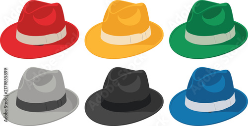 Six colorful fedora hats in a grid layout