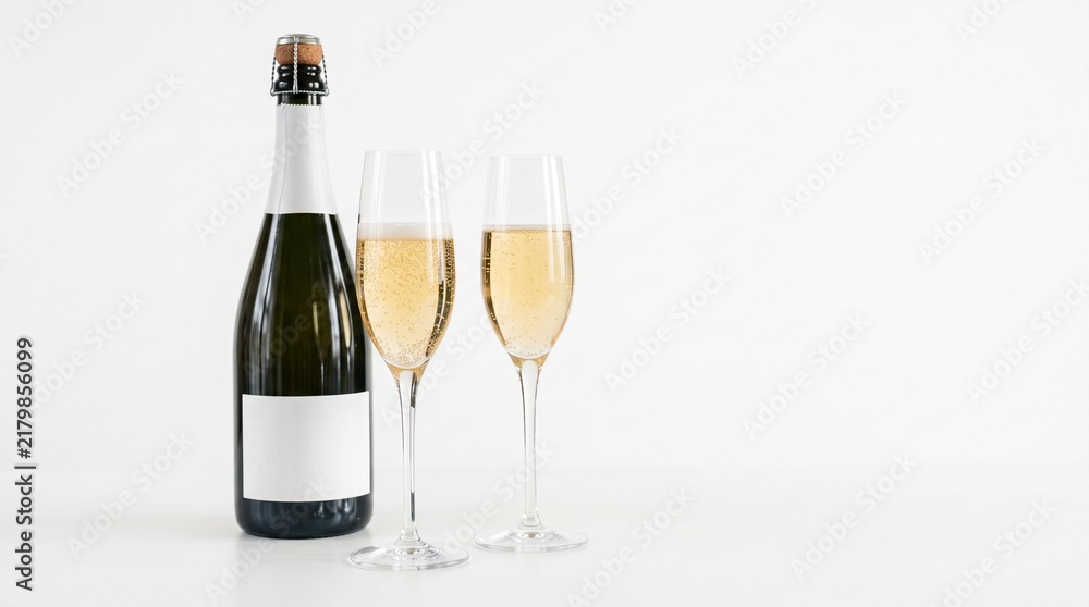 Obraz premium Champagne bottle and two flutes filled with bubbly golden liquid on a white background