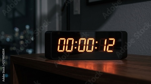 Fototapeta Modern Digital Clock Displaying Time 00 00 12 on a Wooden Surface with City Lights Bokeh Background