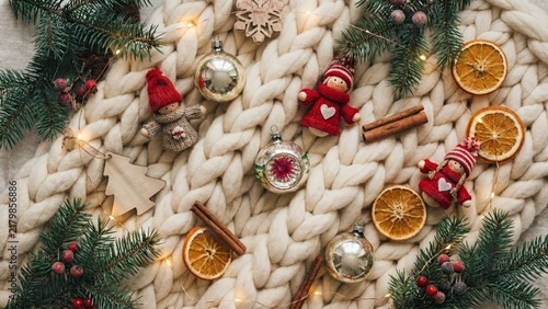 Cozy Christmas Flat Lay with Knitted Blanket, Wooden Toys, Dried Oranges, and Fir Branches