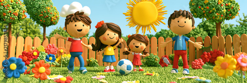 A cheerful group of children playing in a sunny garden, surrounded by colorful flowers and trees, enjoying their day together with a soccer ball.
