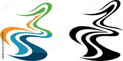 Winding river pathway graphic in bright green blue orange tones alongside black line art version.