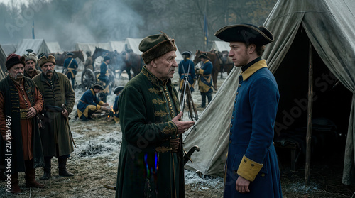 Historical reenactment of a military camp with soldiers in period uniforms and traditional clothing