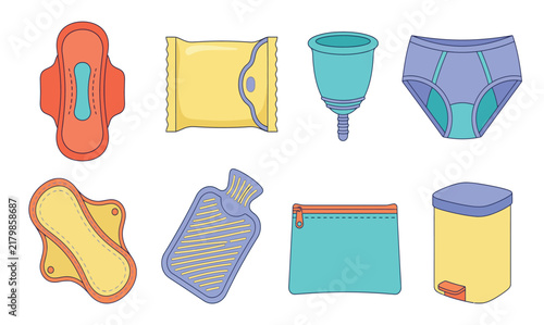 Menstrual Care and Feminine Hygiene Products Flat Vector Icon Set