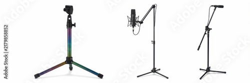 Various professional microphone stands and podcast gear isolated on white background. Ideal for music production and broadcasting equipment presentations.