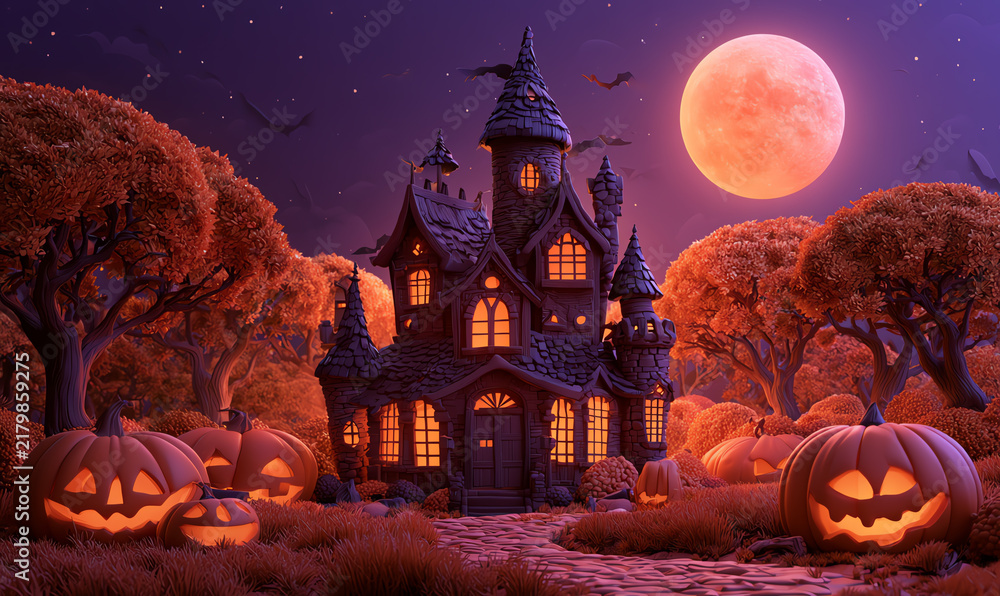 Fototapeta premium A spooky Halloween scene featuring a haunted house surrounded by carved pumpkins and a full moon, set in an eerie forest illuminated by twilight.