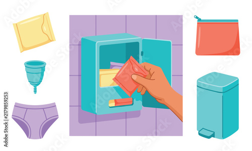 Hand Taking Sanitary Pad from Wall Mounted Hygiene Dispenser Flat Vector Illustration