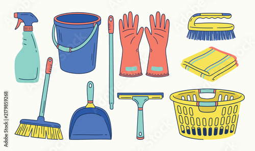 Household Cleaning Tools and Supplies Flat Vector Icon Set