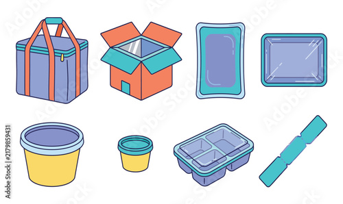 Food Storage Containers and Meal Prep Packaging Flat Vector Icon Set