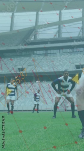 Animation of data processing over diverse rugby players at stadium