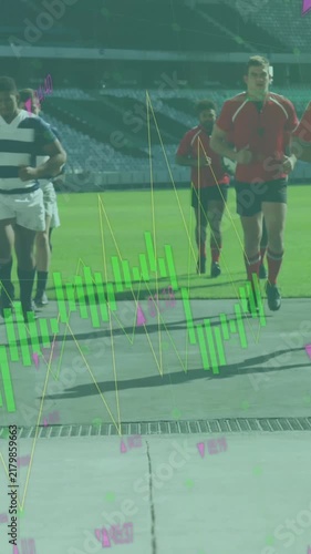 Animation of data processing over diverse rugby players at stadium