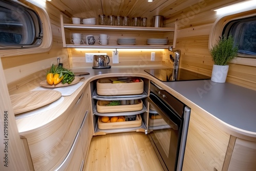 A compact kitchen inside a wooden camper van, efficiently designed with modern appliances and ample storage space