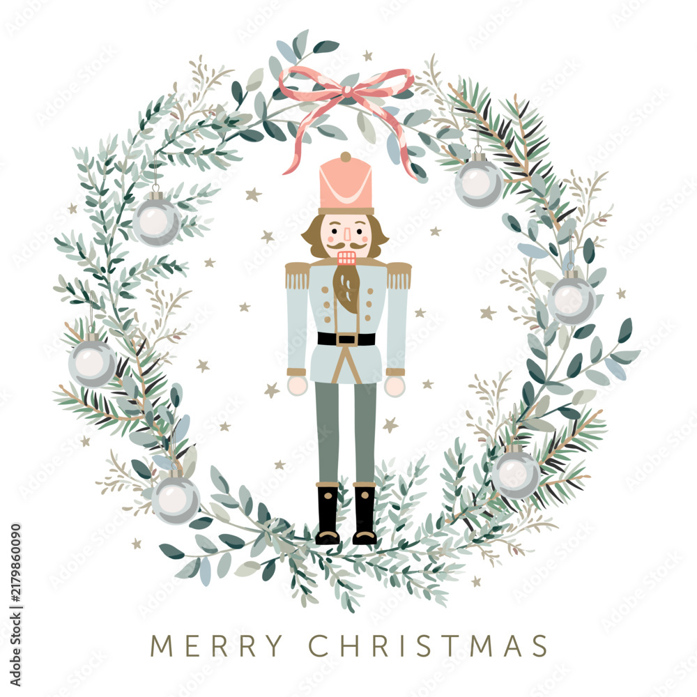 Obraz premium Christmas wreath with text, white background. Nutcracker, green fir twigs, balls, pink bow, stars. Vector illustration. Festive design. Greeting card, poster, banner template. New Year holidays