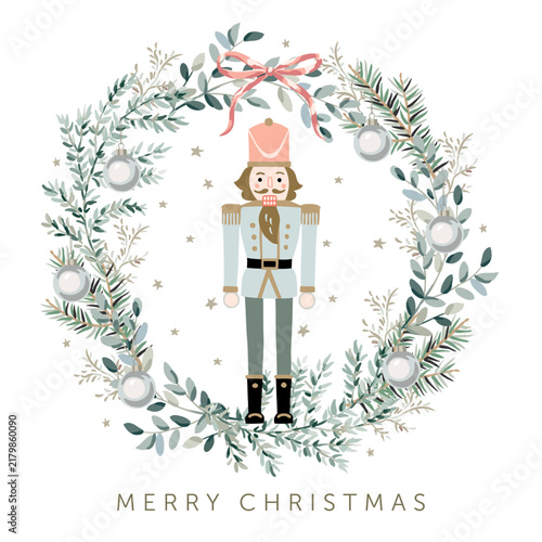 Christmas wreath with text, white background. Nutcracker, green fir twigs, balls, pink bow, stars. Vector illustration. Festive design. Greeting card, poster, banner template. New Year holidays