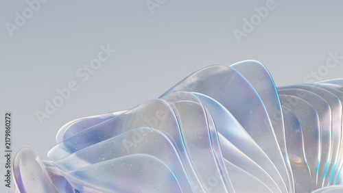 Iridescent translucent ribbon sculpture with soft pastel highlights and gentle curves against pale background, with iridescent, translucent, ribbon, sculpture detail