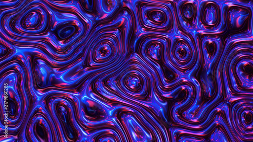 Closeup of iridescent organic maze pattern with glossy blue and magenta ridges and reflective highlights, with abstract, organic, maze, pattern detail, showing iridescent, glossy, undulating, ridge