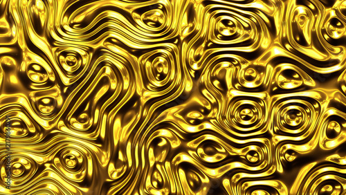 Abstract molten gold surface with glossy ripples and sculpted reflections across full frame, with gold, metal, reflective, liquid detail, showing molten, glossy, shiny, ripple context