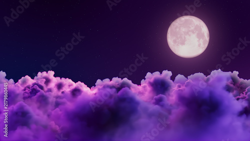 Full moon rising behind layered purple clouds, glowing lunar light over starry night sky with dreamy atmospheric glow and serene nightscape, with moon, full, rising, cloud detail