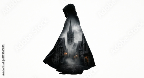Cinematic double exposure of a hooded cloaked figure and a misty gothic village