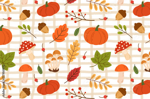 Seamless vector pattern featuring cute autumn pumpkins, mushrooms, leaves, and acorns set against a cozy plaid grid background