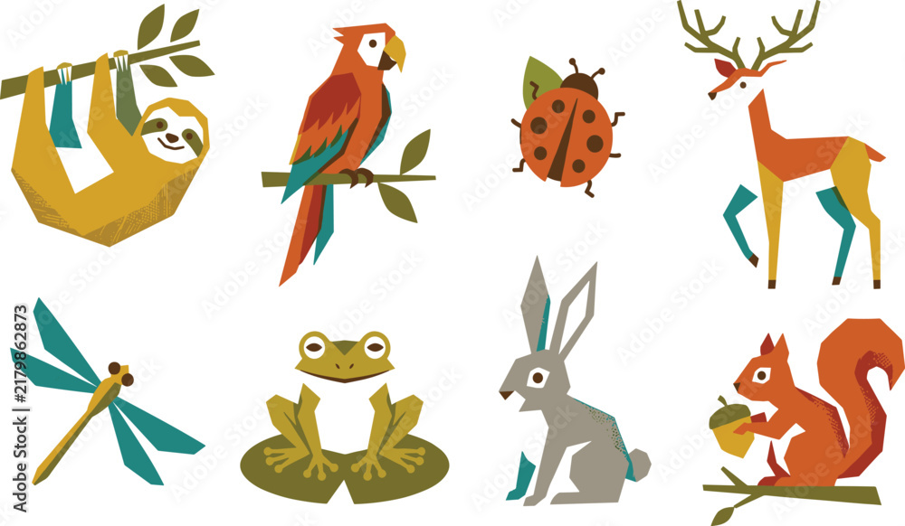 Obraz premium Geometric Forest Animals and Insects Vector Icon Set with Sloth, Parrot, Ladybug, Deer, Dragonfly, Frog, Rabbit, and Squirrel for Modern Design Projects