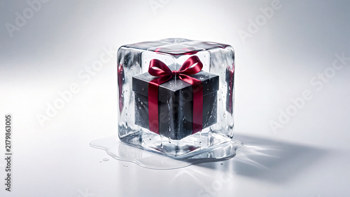 Black Gift Box with Red Ribbon Frozen Inside Transparent Ice Cube on White Studio Background
