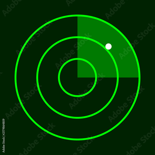 Foto Green circular radar screen with sweeping line detection system showing target b