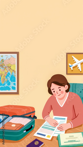 Illustration of woman organizing travel documents at home. Copy space