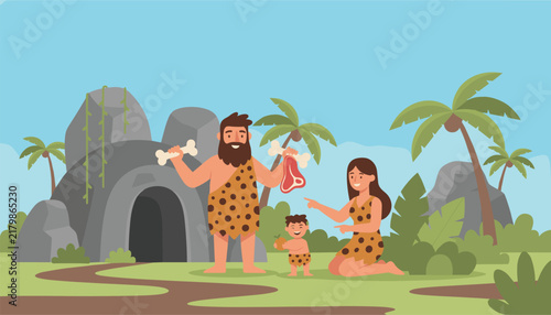 Prehistoric caveman family with parents and young child standing outside their stone cave in a tropical landscape.