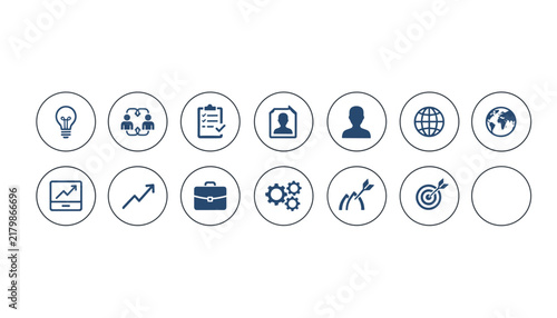 Professional business icons set in blue circles including lightbulb, clipboard checklist, globe, and gear.