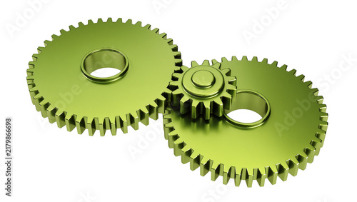 Obraz na płótnie Three metallic green gears interlocking, isolated on transparent background