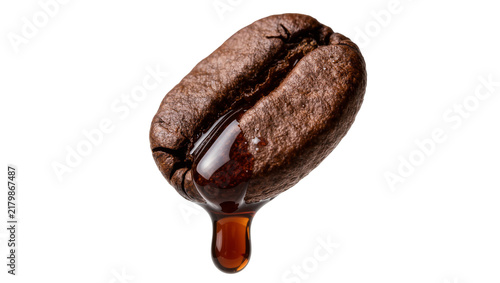 Dark roasted coffee bean with a drop of liquid coffee, isolated on transparent background