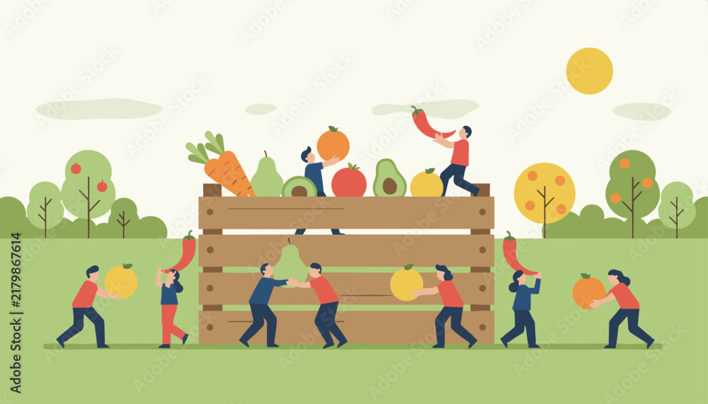 Fototapeta premium Little people harvesting fresh fruits and vegetables around a giant wooden crate on a sunny day in an open park.