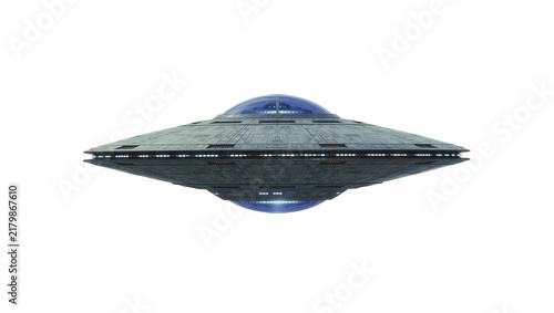 Obraz na plátně Detailed metallic flying saucer with blue dome and lights, isolated on transpare