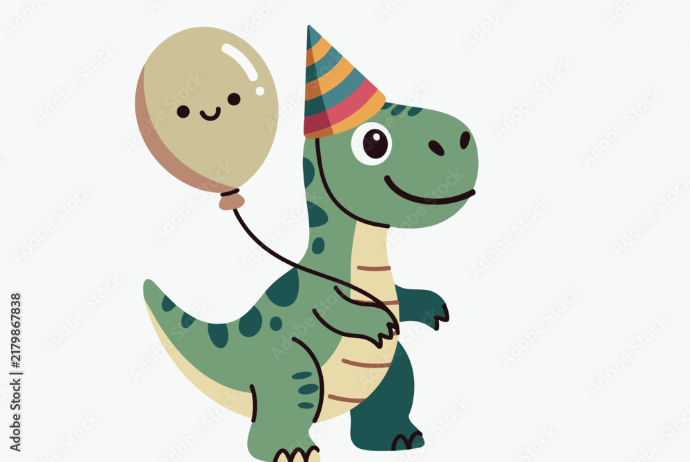 Fototapeta premium Adorable green cartoon dinosaur wearing a colorful striped party hat while holding a smiling beige balloon on a plain background.