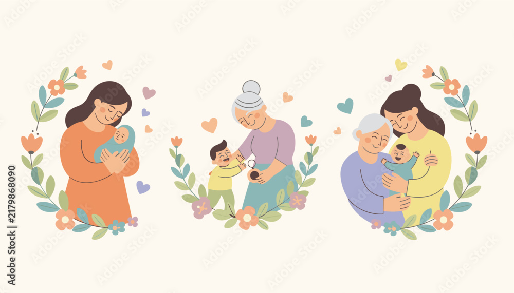 Fototapeta premium Lovely collection of mothers and grandmothers embracing their sweet children decorated with beautiful floral wreaths.