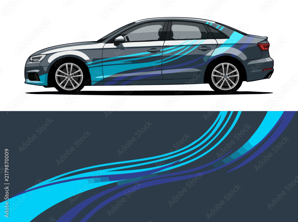 Fototapeta premium Sleek sedan car with dynamic blue wave design wrap