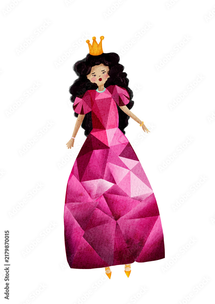 Fototapeta premium Beautiful fairytale princess in ruby crystal dress with golden crown watercolor illustration