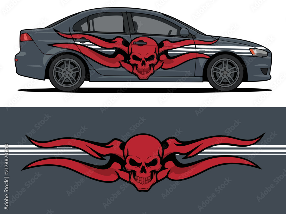 Fototapeta premium Grey car with red skull and flame decal wrap